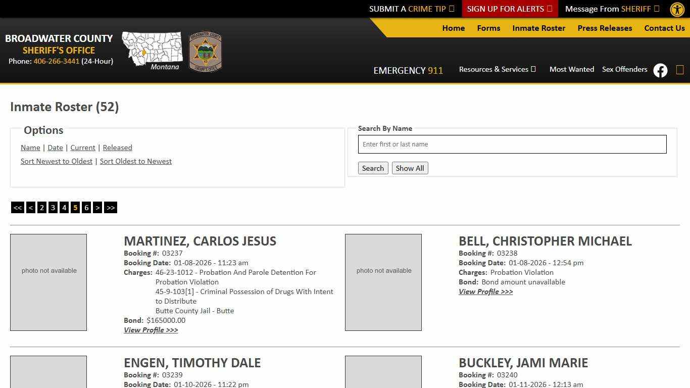 Inmate Roster - Page 5 Current Inmates Booking Date Ascending - Broadwater County Sheriff
